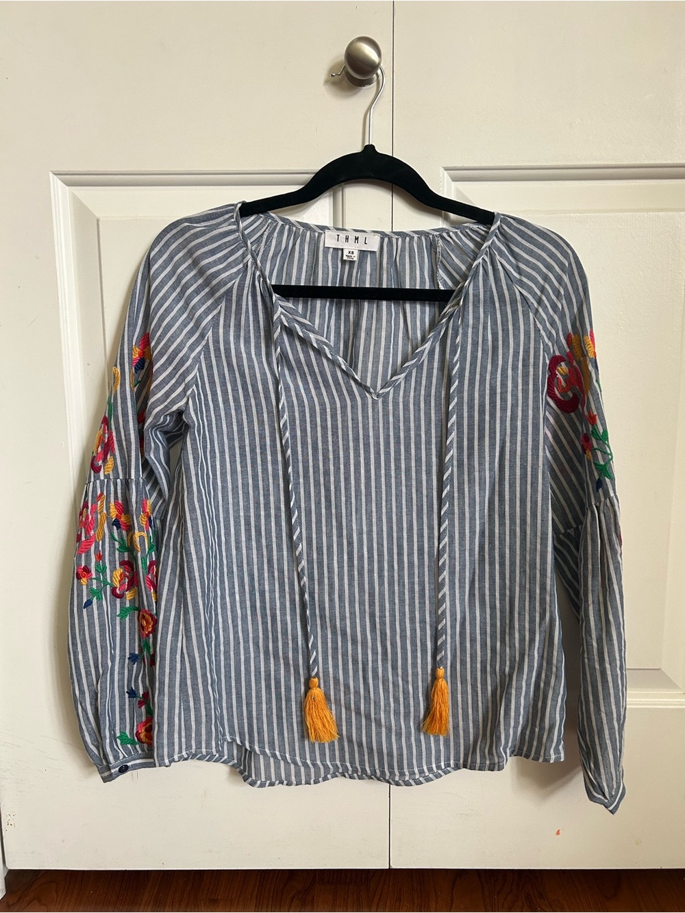 Blue and White Striped V-Neck Blouse with Floral Sleeve Embroidery
